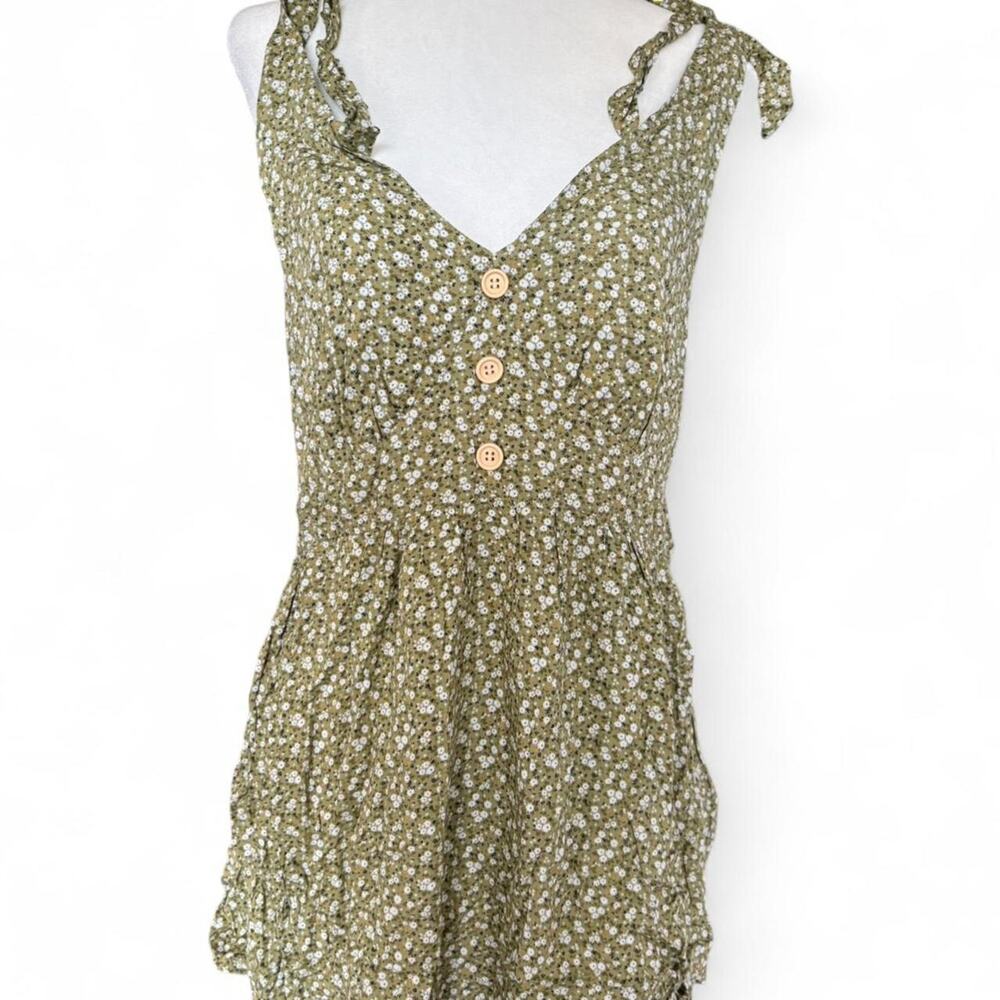 Cottagecore Fairy Olive Floral Tie Shoulder Long Cami Top